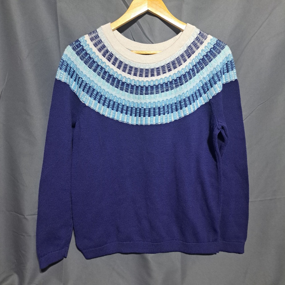 Talbots Women's LARGE Rib Yoke Crewneck Sweater Blue Classic Cozy